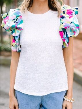 THML Make You Happy White Textured Blouse with Multicolor Ruffle Sleeves